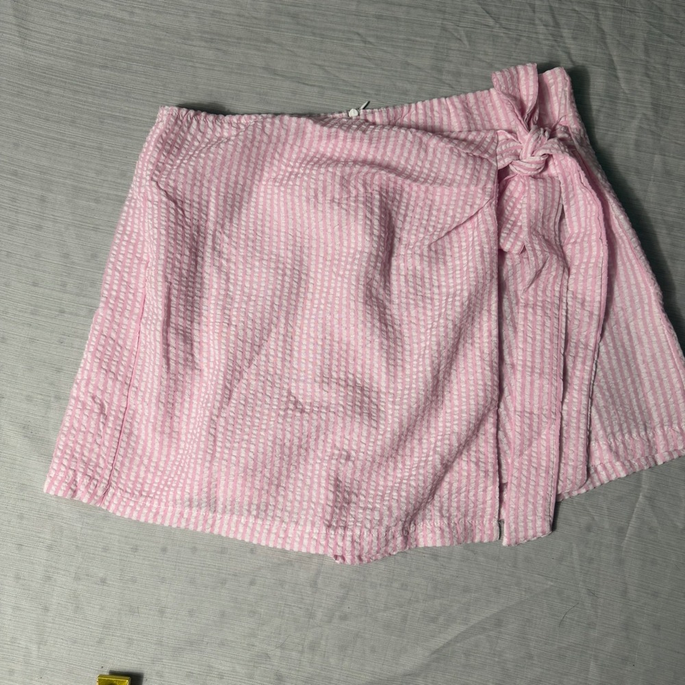 SHEIN Pink White Striped Seersucker Wrap Front Tie Skort Womens Large